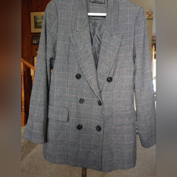 Zara Plaid Double Breasted Blazer SZ.M Gray - Picture 2 of 7